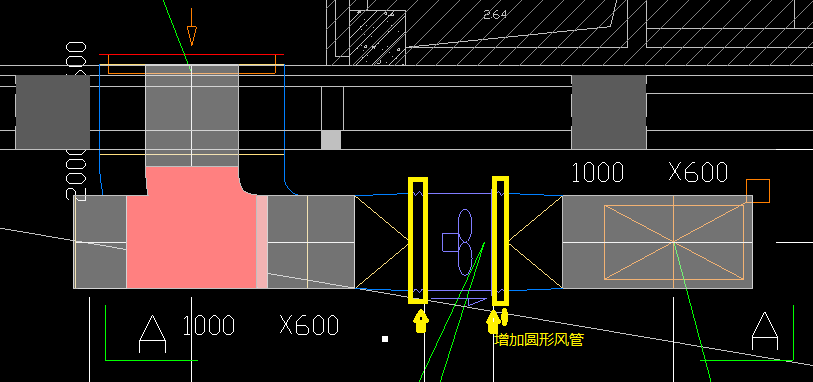 在风机两侧增加一段圆形风管,属性为不计量,再识别通头
