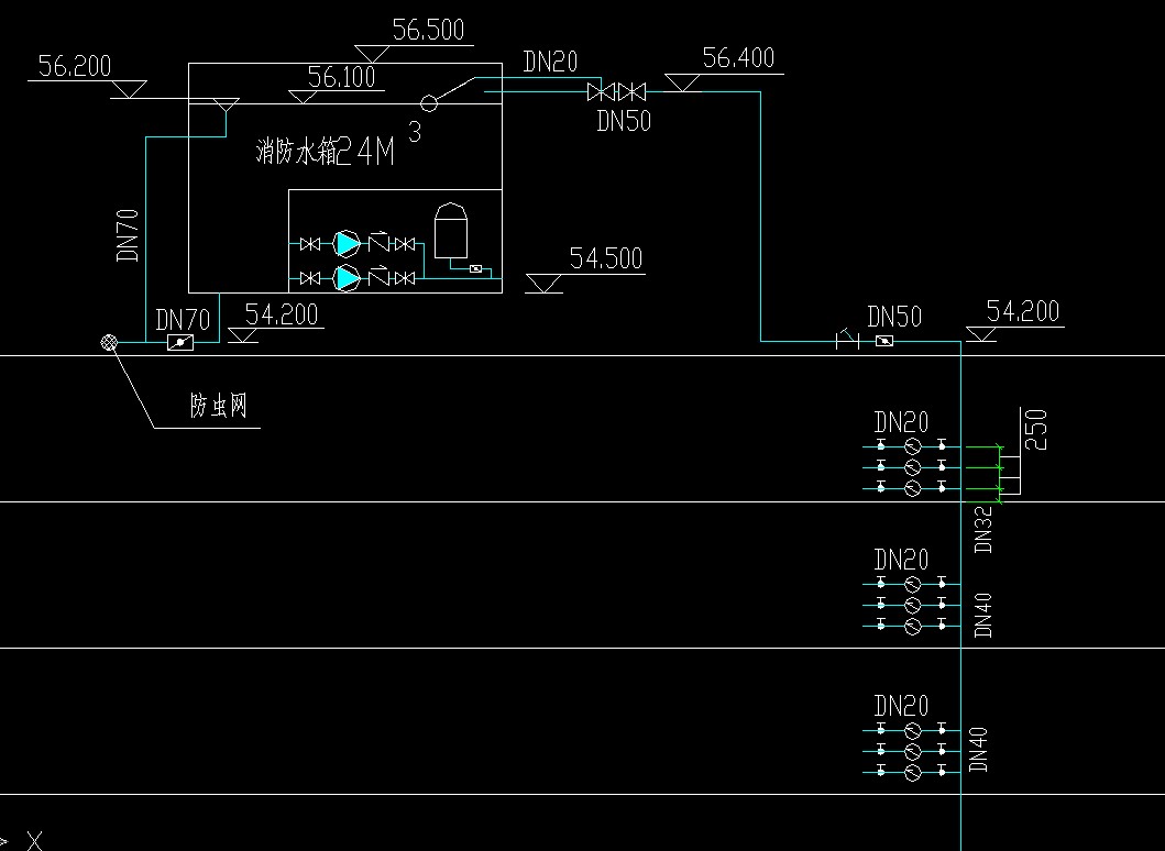 為什麼頂層32的管子道了屋面消防水箱變成了50,是不是圖紙錯了
