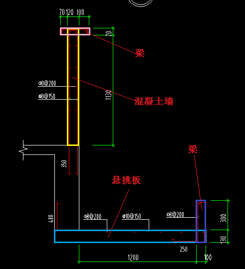 你這個雨棚上部採用混凝土牆繪製,下部採用懸挑板及梁繪製.